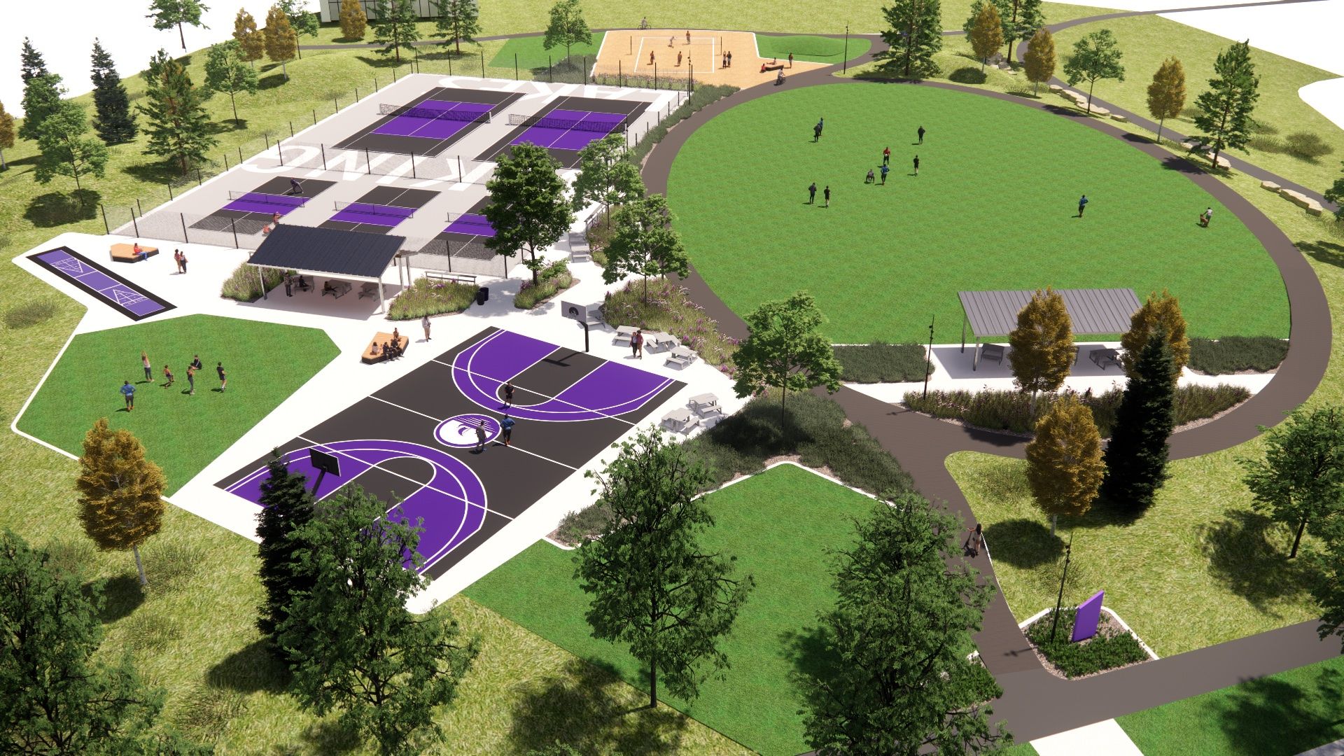 rendering of Phase II amenities at Viking Lakes Residences showing tennis courts and lots of green space